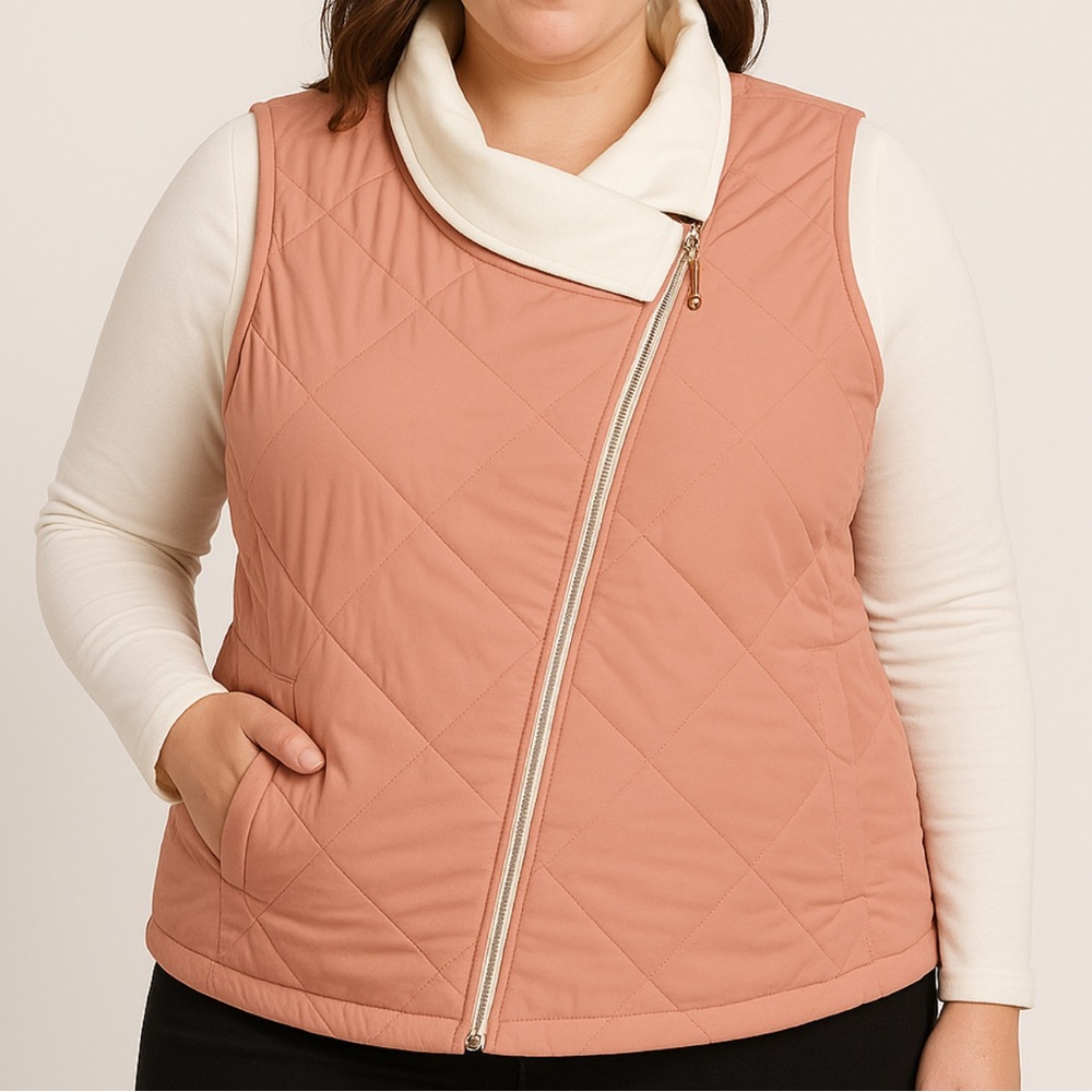 SHAPE NWOT Women’s 2X light mauve Lightweight Quilted Asymmetric Zip Vest. Lined